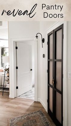 an open door with the words reveal pantry doors on it in front of a living room