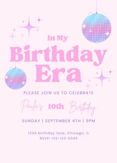 a pink and blue birthday party card with disco balls on the front, and stars in the background