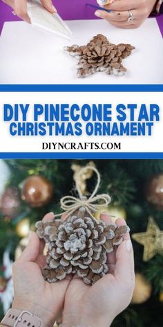 pinecone star christmas ornament being held by two hands