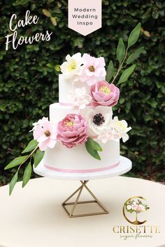 a white wedding cake with pink flowers on top and the words, diy wedding ideas visit etsy shop cristette sugar flowers