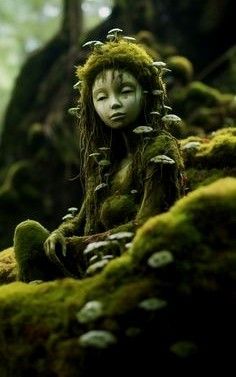 a woman with green hair sitting in the middle of mossy ground surrounded by trees