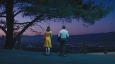 a man and woman standing on top of a hill looking at the city lights in the distance