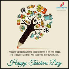 a teacher's day card with a tree and school supplies in the shape of a pencil