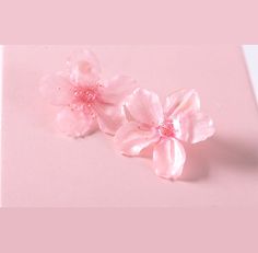 two pink flowers sitting on top of a table