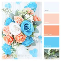 an arrangement of flowers in shades of blue, peach and white with text overlay