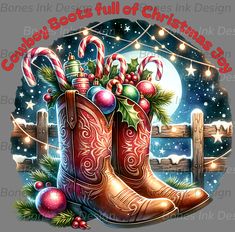 cowboy boots with christmas decorations and candy canes