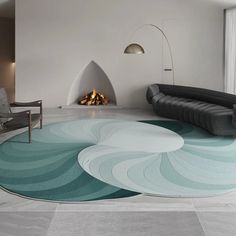 a living room with a fireplace and circular rug