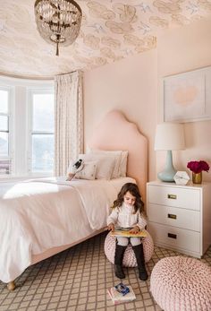 a blush girl's bedroom accented with printed wallpaper on the ceiling looks more interesting and dreamy Blue Teen Girl Bedroom, Shared Girls Bedroom, Big Girl Bedrooms, Girl Bedroom Designs, Girl’s Room, Girl Bedroom Decor, Kids Room Design