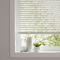 a window with white blinds and plants on it