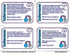 four purple and blue ticket cards with question marks on the front, one for each