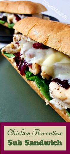 two sandwiches with chicken, cheese and spinach