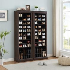 a large shoe rack in the corner of a room