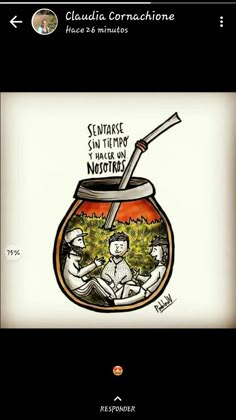 a drawing of two people in a glass jar with a knife and some plants inside