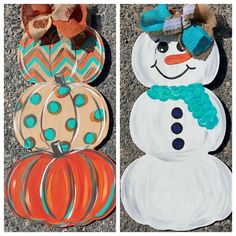 three pictures of painted pumpkins and snowmen