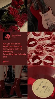 a collage of photos with red roses and an electric guitar in the middle, on top of a record player's head