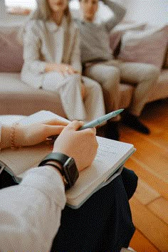 two people sitting on a couch and one is holding a pen