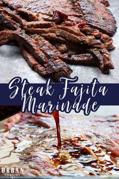 steak fajita marinade is being drizzled with sauce