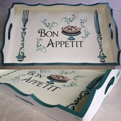 two pictures of a box with the words bon appetit and an image of a fork in it