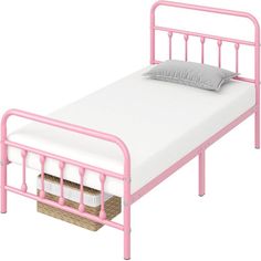 a pink metal bed frame with white sheets and pillows on the bottom, against a white background