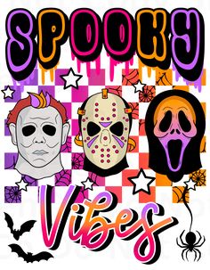 two halloween masks with the words spooky vibes written below them on a checkered background