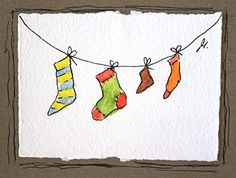 watercolor and ink drawing of socks hanging on a line with clothes pins attached to them