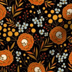 an orange and blue floral pattern with skulls on the flowers in front of black background