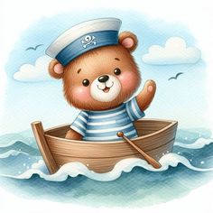 a brown teddy bear sitting in a boat on top of the ocean with a sailor's hat