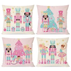 three pillows with cartoon characters on them, one in pink and the other in blue