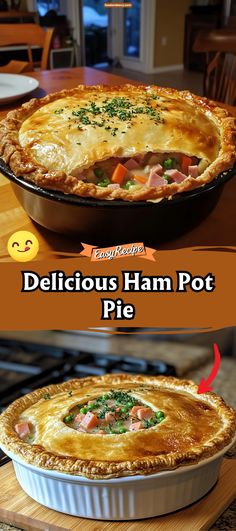 delicious ham pot pie is shown in two different pictures, one with the crust removed