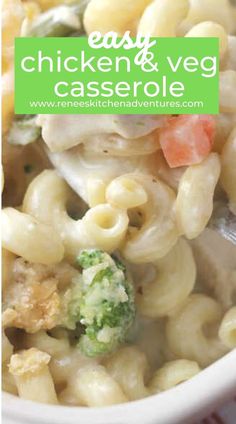 a close up of a bowl of chicken and veggie casserole with broccoli