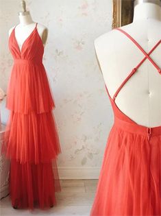 A-line V Neck Backless Tulle Prom Dresses Formal Tulle Prom Dress Long, Prom Dresses Backless, Prom Dresses Tulle, Simple Evening Dress, Off Shoulder Evening Gown, Orange Prom Dresses, Formal Prom Dresses Long, Tulle Prom Dresses