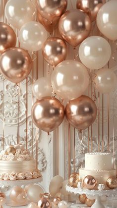 a table topped with lots of white and gold balloons next to a cake on top of a plate