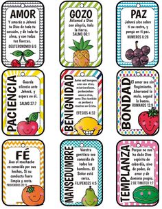 spanish food labels with fruits and vegetables