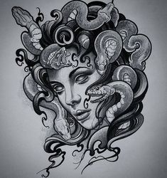 a drawing of a woman with snakes on her head