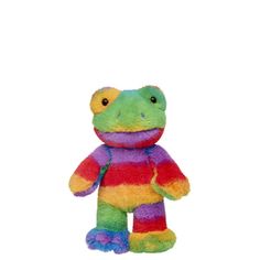 a rainbow colored frog stuffed animal on a white background