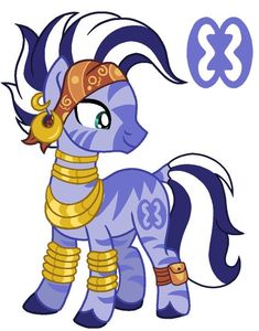 an image of a pony with gold on it's head and blue manes