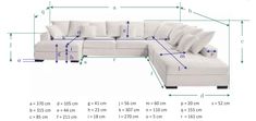 a sectional couch with pillows and measurements for the seat area, including the back end