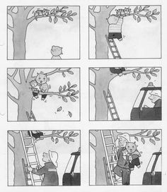 a comic strip with an image of a man climbing up a ladder to the tree