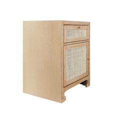 a wooden cabinet with rattan doors and drawers on one side, against a white background