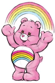 a drawing of a pink teddy bear holding a rainbow ball