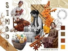 an artistic collage with women and flowers in the background, including oranges, cinnamons, spices, and other items