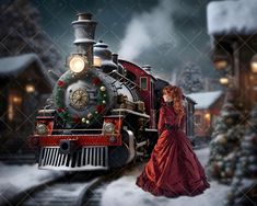 a woman in a red dress standing next to a train on the tracks with christmas decorations