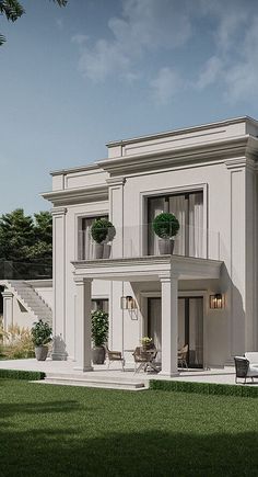 an artist's rendering of a large white house with balconies and potted plants