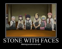 some anime characters are sitting together in front of a sign that says stone with faces