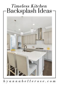 a kitchen with white counter tops and beige chairs next to an island in the middle