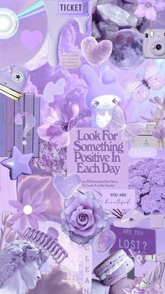 a purple collage with lots of different things in the background and text that says, look for something positive each day