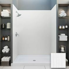 a white bathroom with shelves and towels on the shelf next to the bathtub is shown