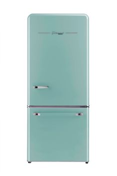 a blue refrigerator freezer sitting on top of a white wall