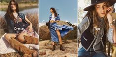 three photos of women in hats and dresses sitting on rocks, one is wearing cowboy boots