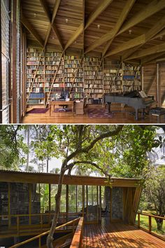 the inside and outside of a house with bookshelves on each side, trees in front of it